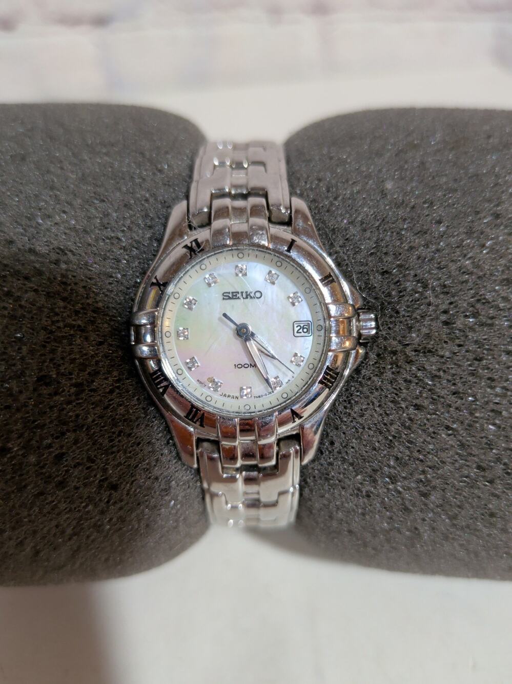 Seiko Coutura Ladies Watch 7N82-0CG0 Mother of Pearl Diamond Bezel Two-Tone